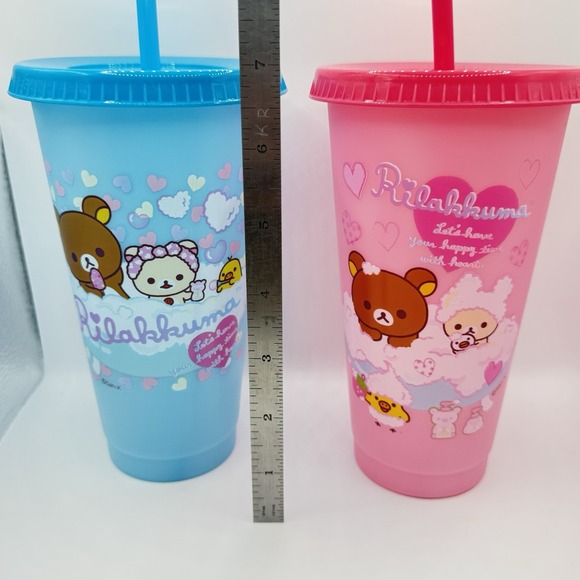 Lot of 2 Rilakkuma Round1 Color Changing Tumblers Pink Blue + 7" Plush Keychain - Picture 4 of 11